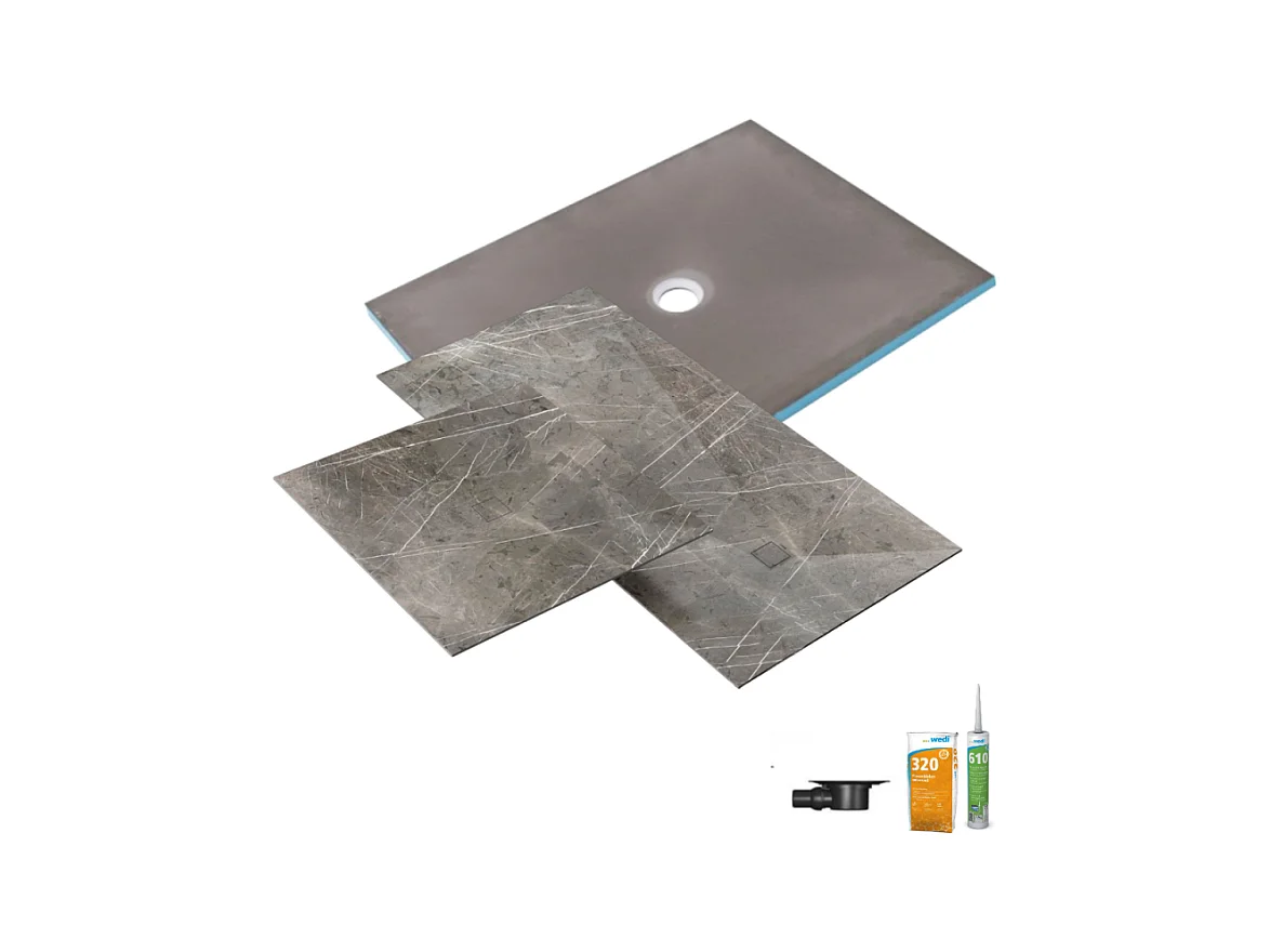 Receveur de douche à carreler 90 x 90 WEDI Fundo Primo + revêtement Top marble grey brown + colle +bonde horizontale+kit étanche