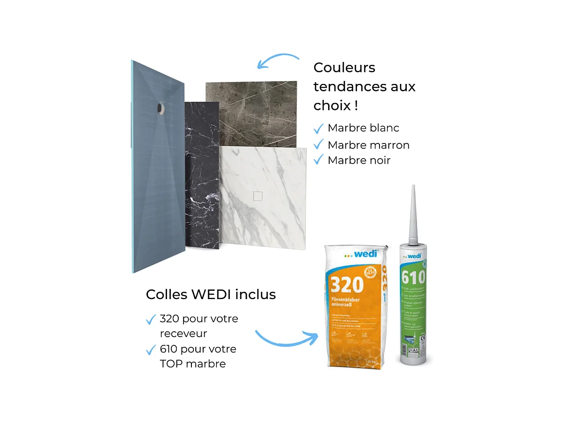 Receveur de douche à carreler 90 x 90 WEDI Fundo Primo + revêtement Top marble grey brown + colle +bonde horizontale+kit étanche