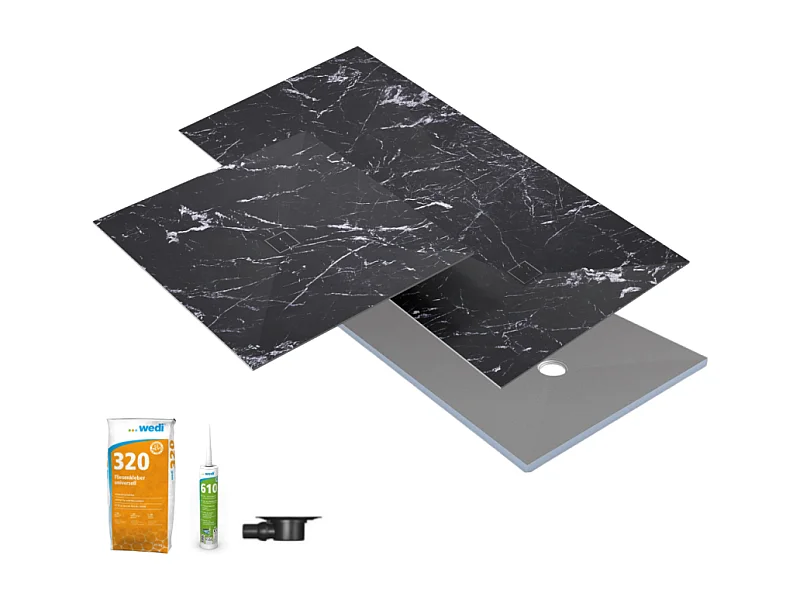 Receveur de douche à carreler 90 x 90 WEDI Fundo Primo + revêtement Top marble black + colle + bonde horizontale + kit étancheité