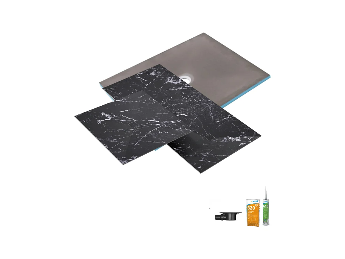Receveur de douche à carreler 90 x 90 WEDI Fundo Primo + revêtement Top marble black + colle + bonde horizontale + kit étancheité
