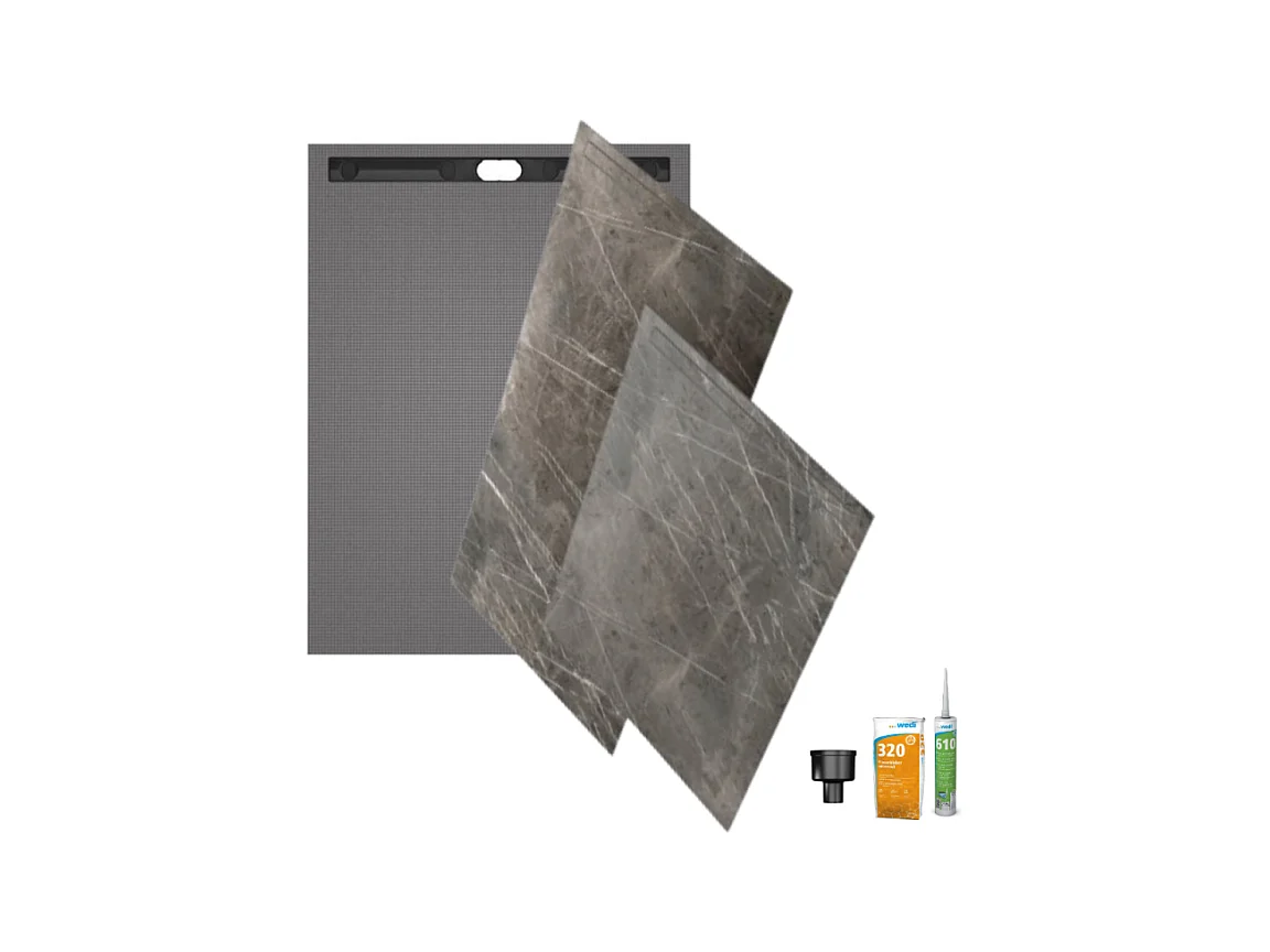 Receveur à carreler 160 x 100 WEDI Fundo Riolito Neo + revêtement Top marble grey brown + colle +ecoulement horizontal+kit étanche