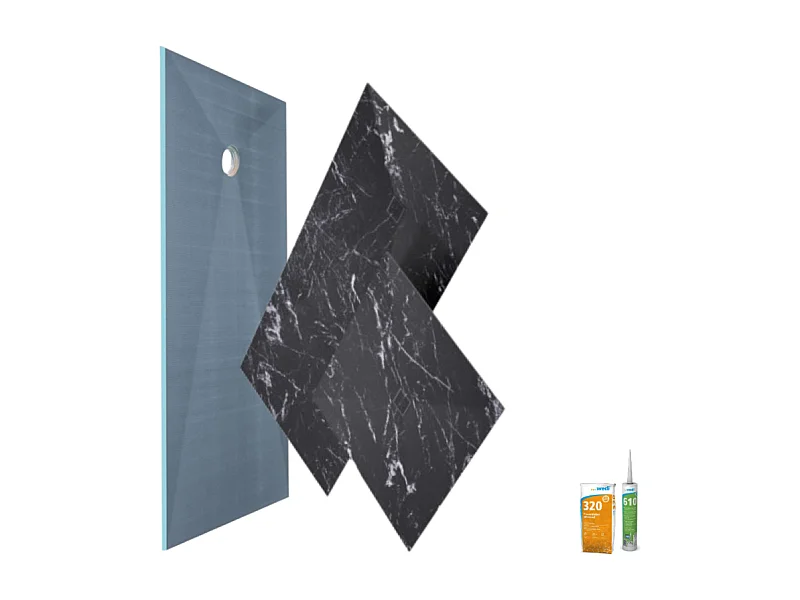 Receveur de douche à carreler 180 x 90 WEDI Fundo primo + revêtement Top marble black + colle