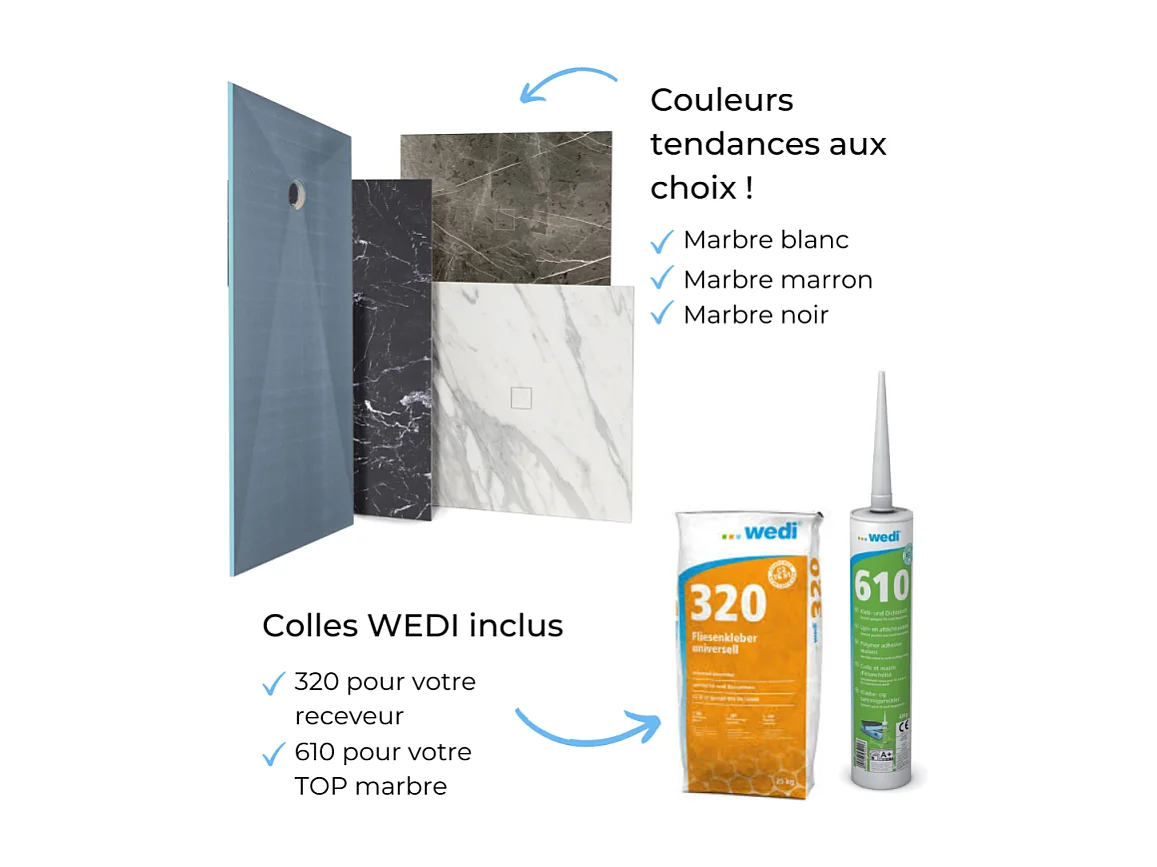 Receveur de douche à carreler 180 x 90 WEDI Fundo primo + revêtement Top marble black + colle