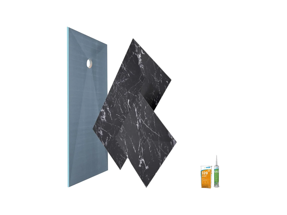 Receveur de douche à carreler 180 x 90 WEDI Fundo primo + revêtement Top marble black + colle