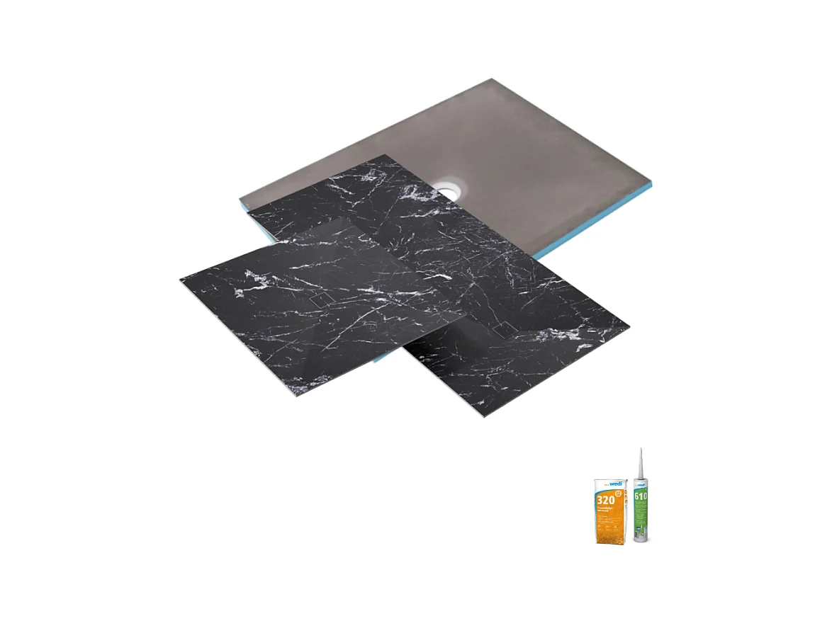 Receveur de douche à carreler 90 x 90 WEDI Fundo Primo + revêtement Top marble black + colle