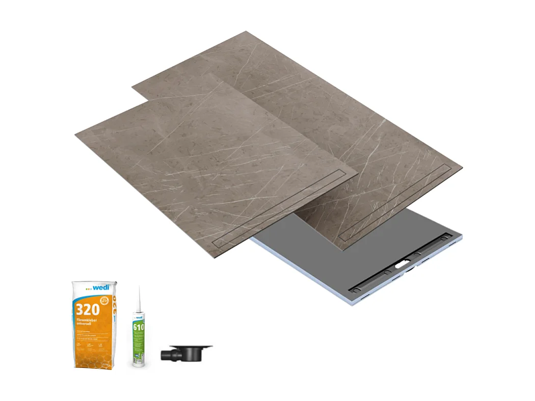 Receveur à carreler 120 x 90 WEDI Fundo riolito neo + revêtement Top marble grey brown + colle +ecoulement horizontal+kit étanche