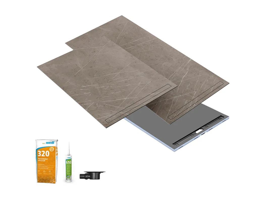 Receveur à carreler 120 x 90 WEDI Fundo riolito neo + revêtement Top marble grey brown + colle +ecoulement horizontal+kit étanche