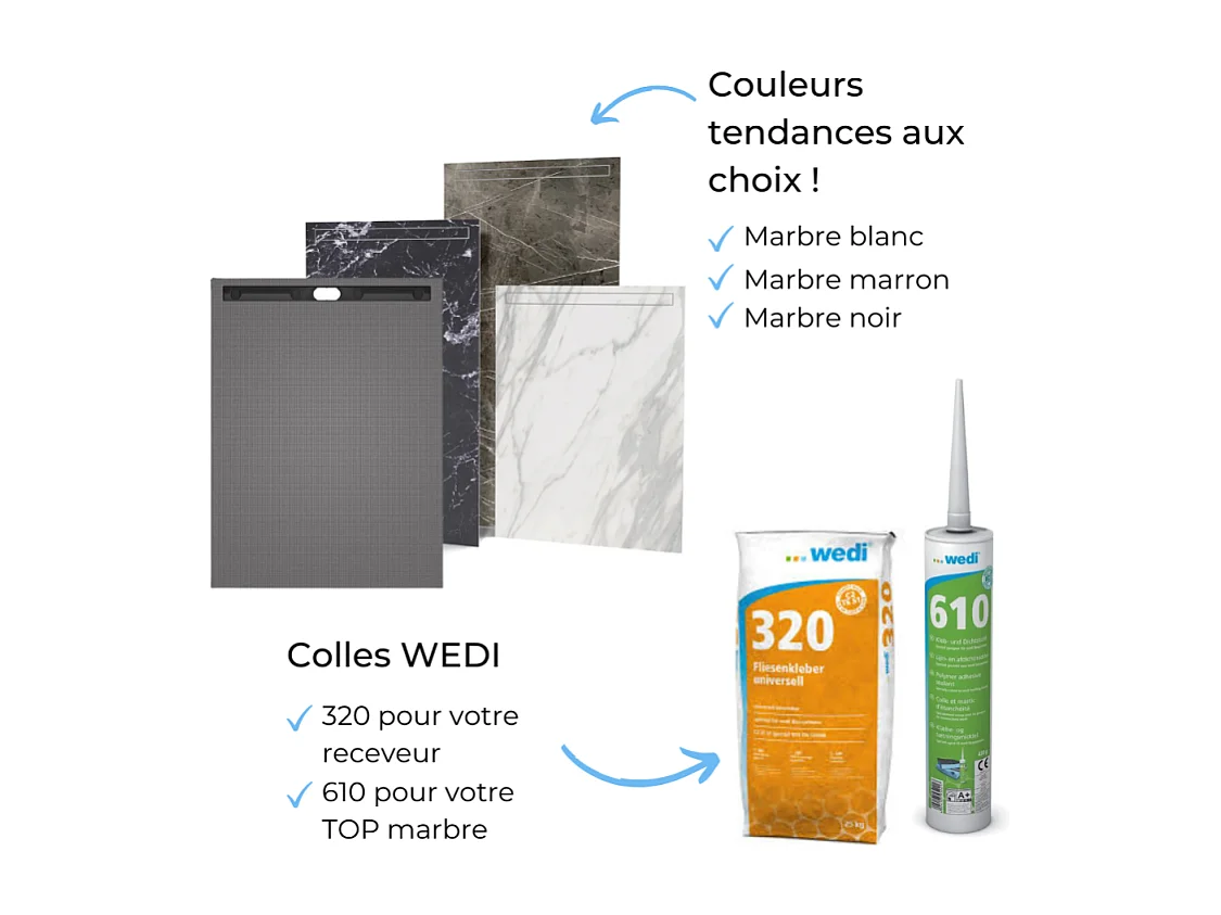 Receveur à carreler 180 x 90 WEDI Fundo Riolito Neo + revêtement Top marble black + colle + ecoulement vertical + kit étancheité