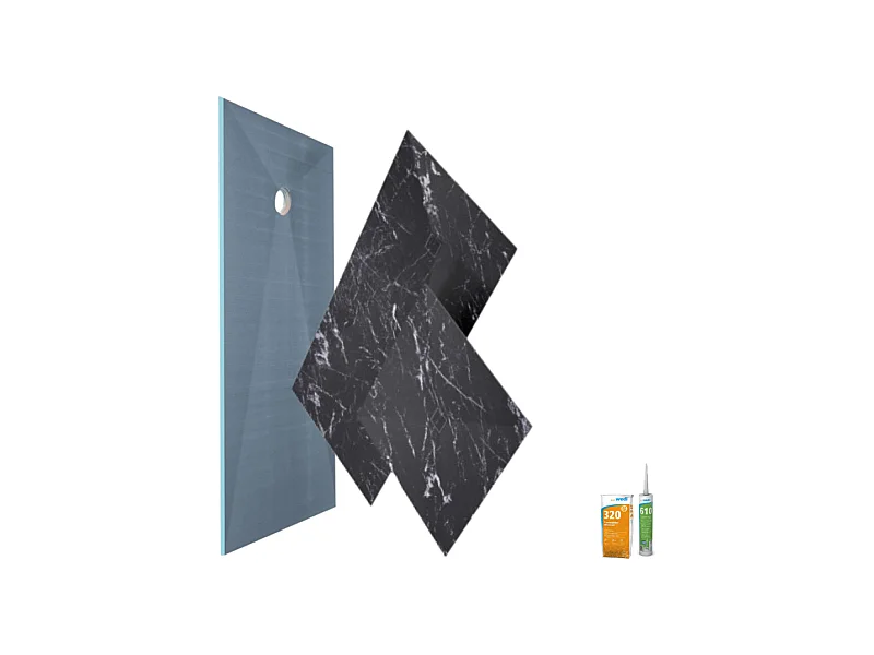 Receveur de douche à carreler 120 x 90 WEDI Fundo primo + revêtement Top marble black + colle