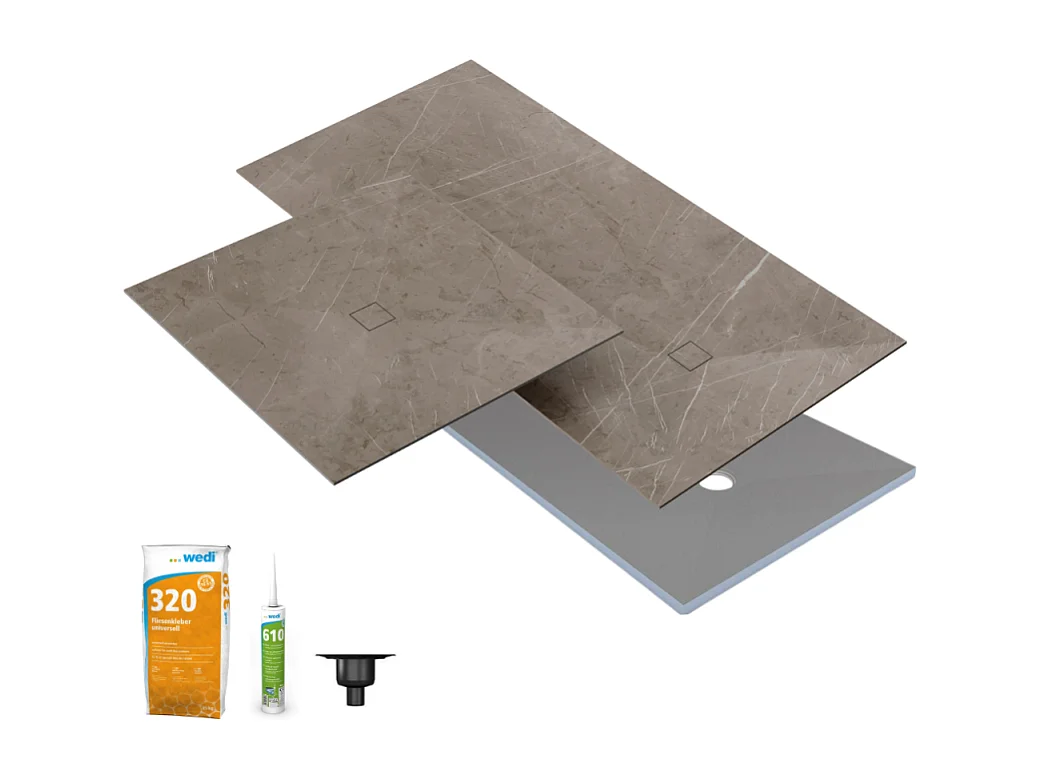 Receveur de douche à carreler 180 x 90 WEDI Fundo primo + revêtement Top marble grey brown + colle + bonde verticale + kit étanche