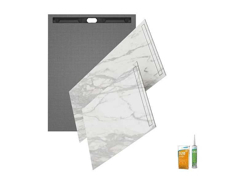 Receveur de douche à carreler 160 x 100 WEDI Fundo Riolito Neo + revêtement Top marble white + colle