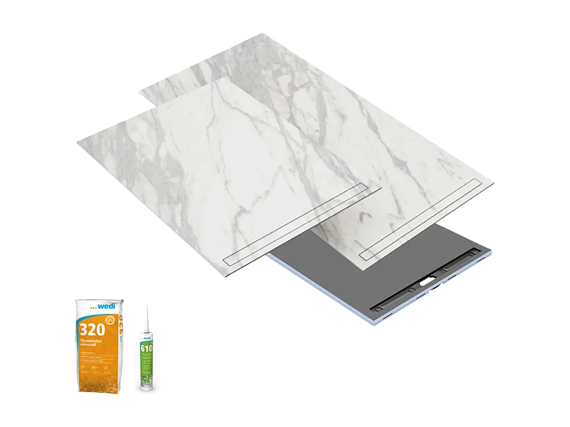 Receveur de douche à carreler 160 x 100 WEDI Fundo Riolito Neo + revêtement Top marble white + colle