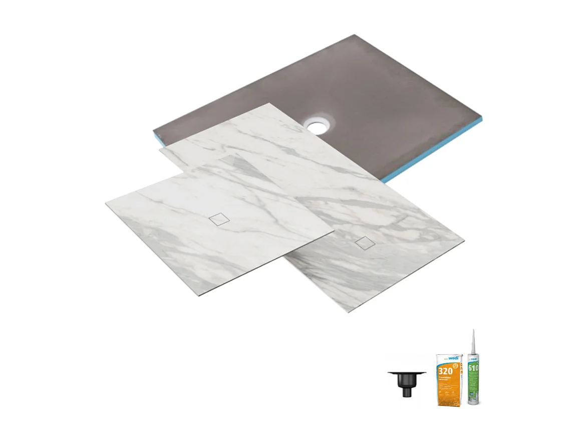 Receveur de douche à carreler 90 x 90 WEDI Fundo Primo + revêtement Top marble white + colle + bonde verticale + kit étancheité