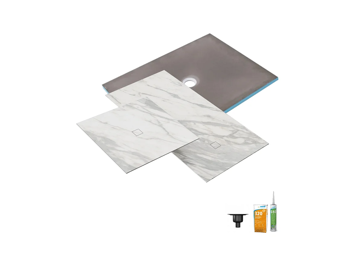 Receveur de douche à carreler 90 x 90 WEDI Fundo Primo + revêtement Top marble white + colle + bonde verticale + kit étancheité