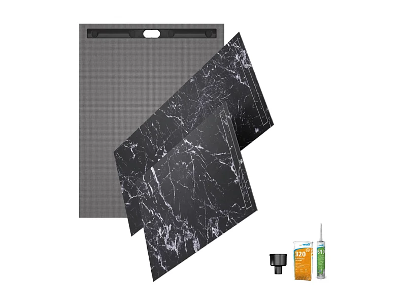 Receveur à carreler 120 x 90 WEDI Fundo riolito neo + revêtement Top marble black + colle + ecoulement vertical + kit étanche