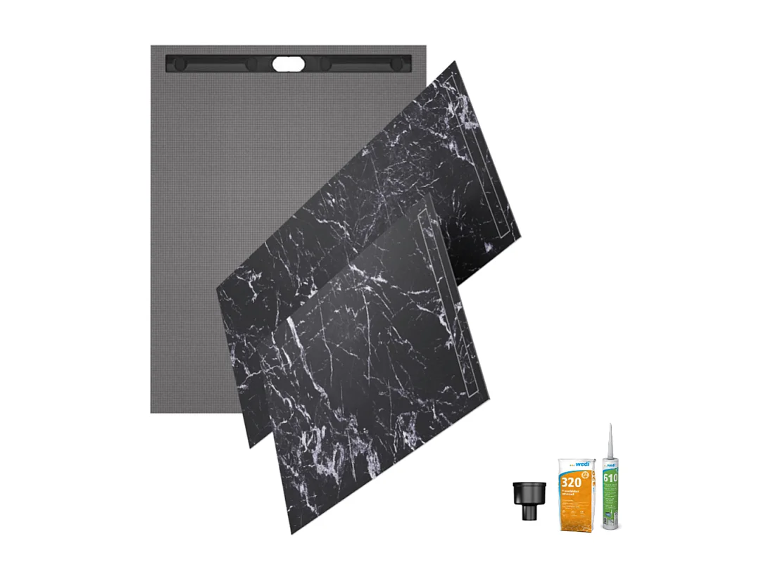 Receveur à carreler 120 x 90 WEDI Fundo riolito neo + revêtement Top marble black + colle + ecoulement vertical + kit étanche