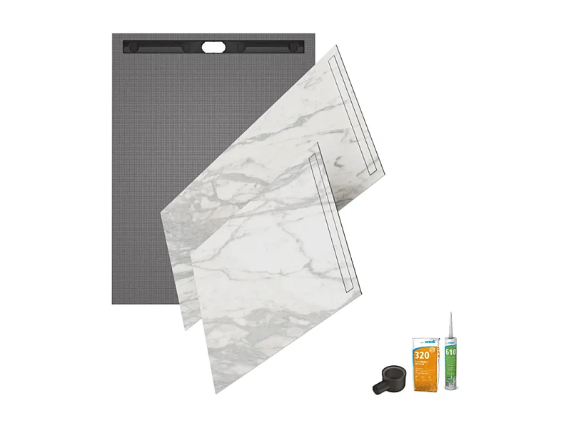 Receveur à carreler 120 x 90 WEDI Fundo riolito neo + revêtement Top marble white + colle + ecoulement horizontal + kit étanche