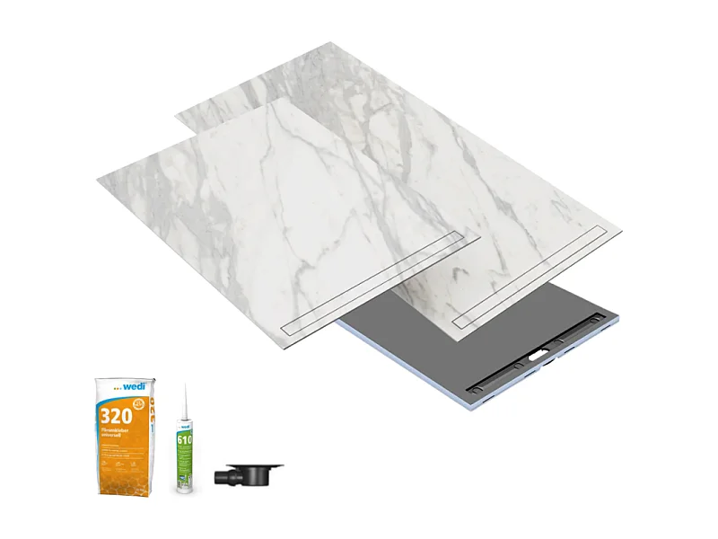 Receveur à carreler 120 x 90 WEDI Fundo riolito neo + revêtement Top marble white + colle + ecoulement horizontal + kit étanche