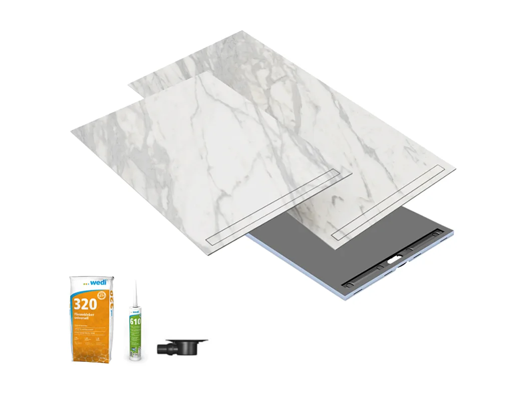 Receveur à carreler 120 x 90 WEDI Fundo riolito neo + revêtement Top marble white + colle + ecoulement horizontal + kit étanche