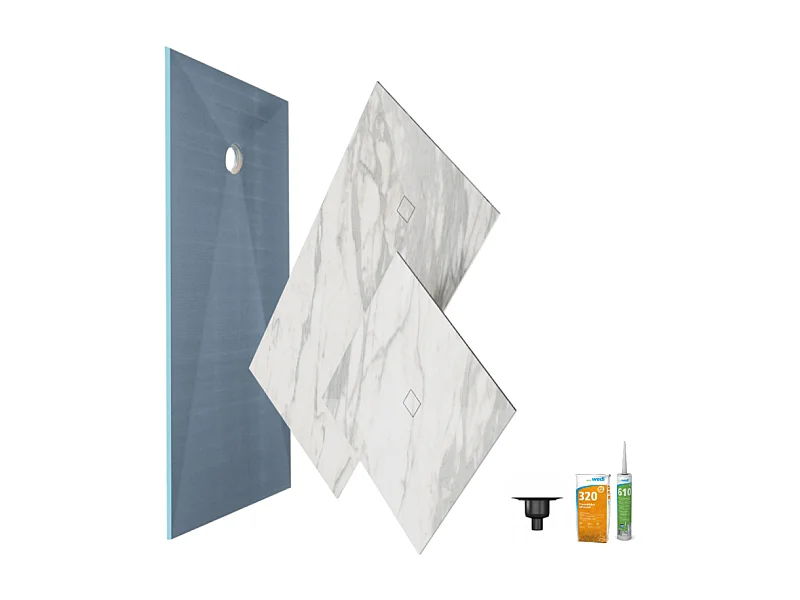 Receveur de douche à carreler 180 x 90 WEDI Fundo primo + revêtement Top marble white + colle + bonde verticale + kit étancheité