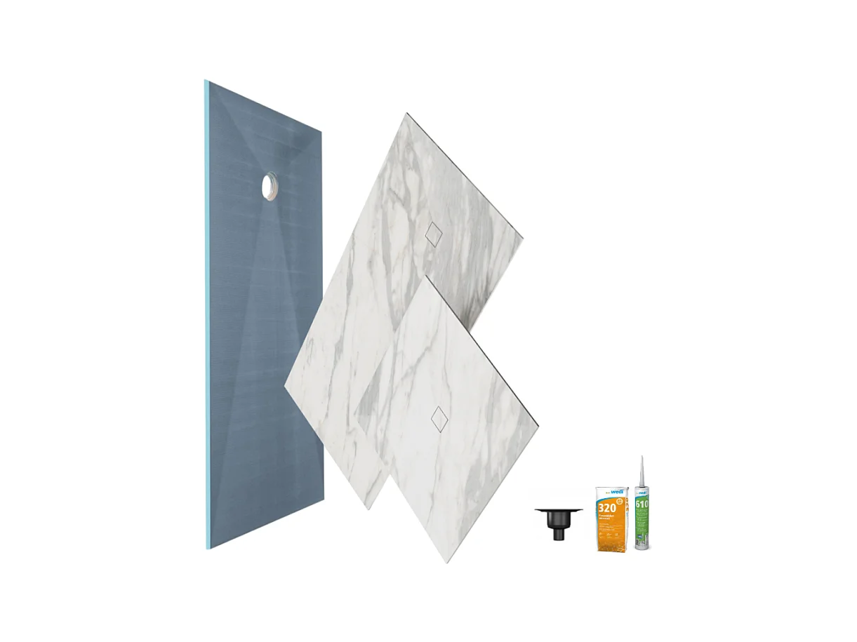 Receveur de douche à carreler 180 x 90 WEDI Fundo primo + revêtement Top marble white + colle + bonde verticale + kit étancheité