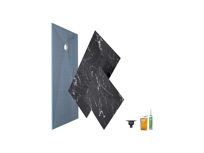 Receveur de douche à carreler 180 x 90 WEDI Fundo primo + revêtement Top marble black + colle + bonde verticale + kit étancheité