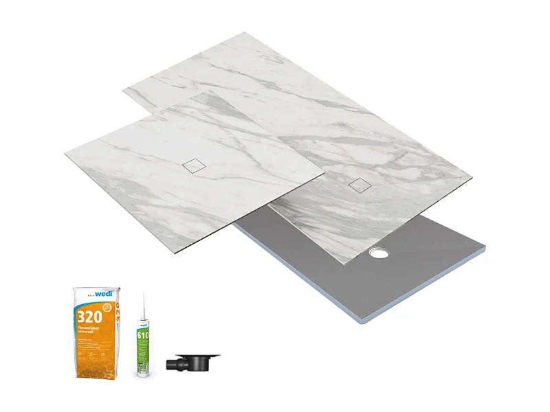 Receveur de douche à carreler 90 x 90 WEDI Fundo Primo + revêtement Top marble white + colle + bonde horizontale + kit étancheité