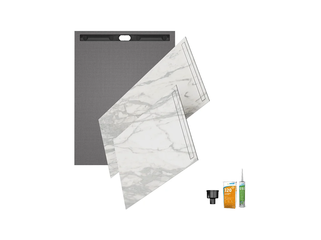 Receveur à carreler 180 x 90 WEDI Fundo Riolito Neo + revêtement Top marble white + colle + écoulement vertical + kit étancheité