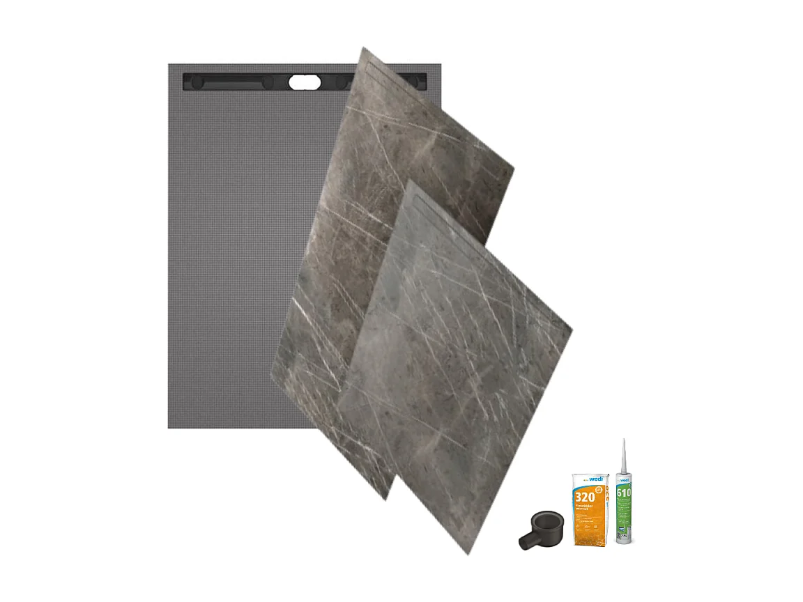Receveur à carreler 180 x 90 WEDI Fundo Riolito Neo + revêtement Top marble grey brown + colle+ecoulement vertical+kit étancheité