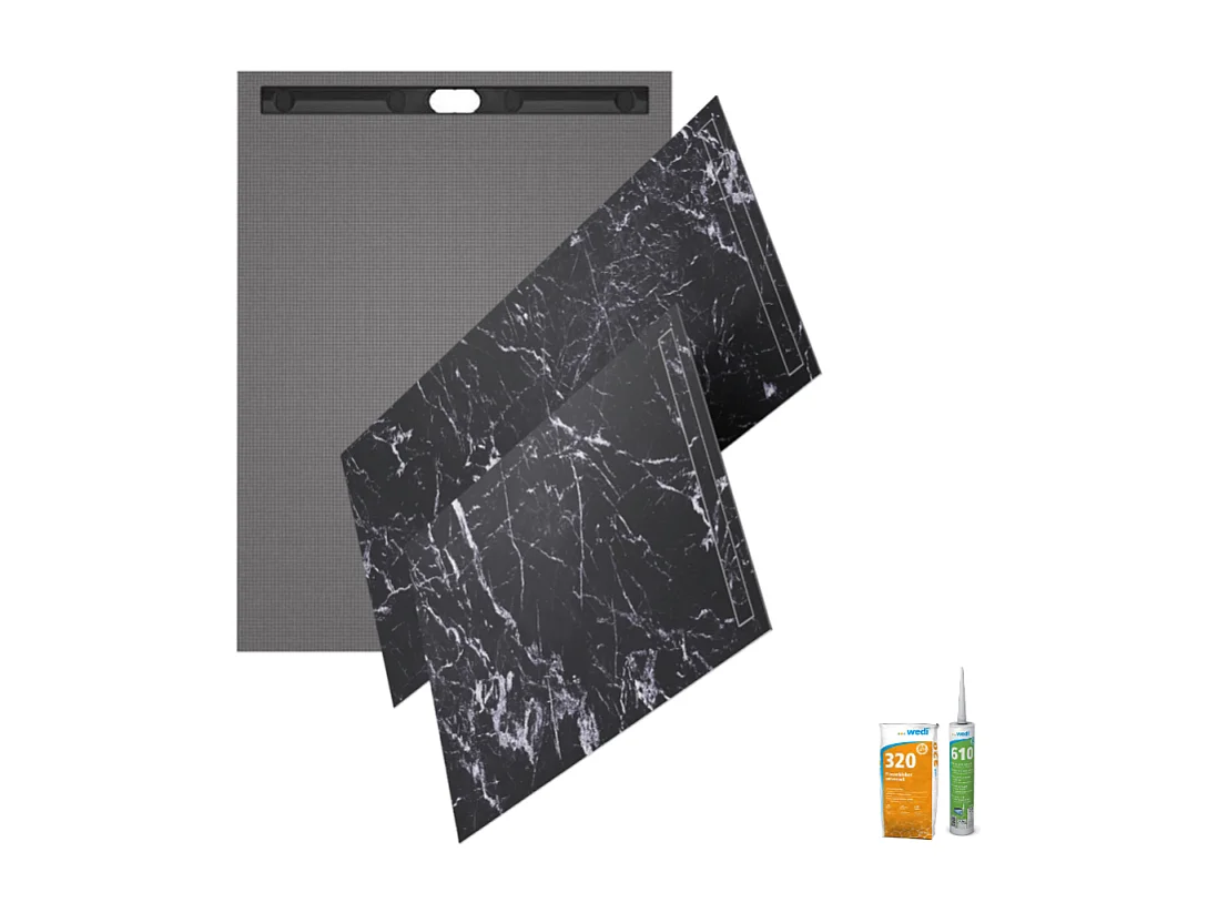 Receveur de douche à carreler 120 x 90 WEDI Fundo riolito neo + revêtement Top marble black + colle