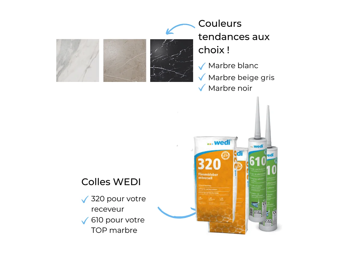 Receveur à carreler 120 x 90 WEDI Fundo riolito neo + revêtement Top marble white + colle + ecoulement vertical + kit étanche