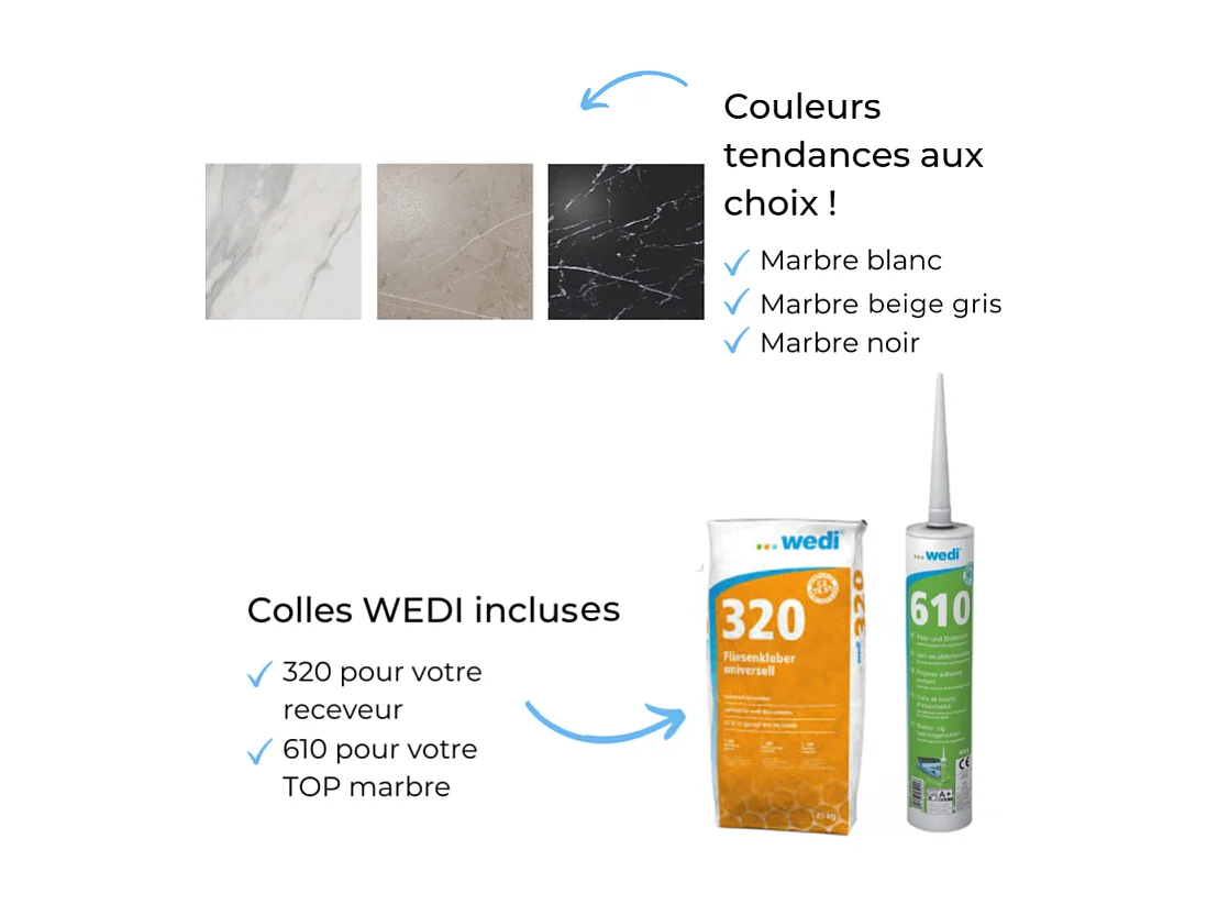 Receveur de douche à carreler 120 x 90 WEDI Fundo primo + revêtement Top marble white + colle + bonde verticale + kit étancheité