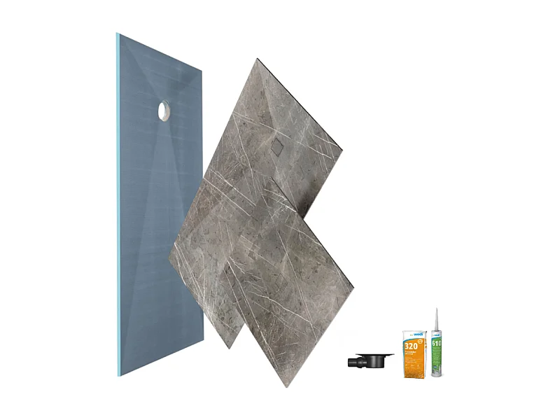 Receveur de douche à carreler 180 x 90 WEDI Fundo primo + revêtement Top marble grey brown + colle +bonde horizontale+kit étanche