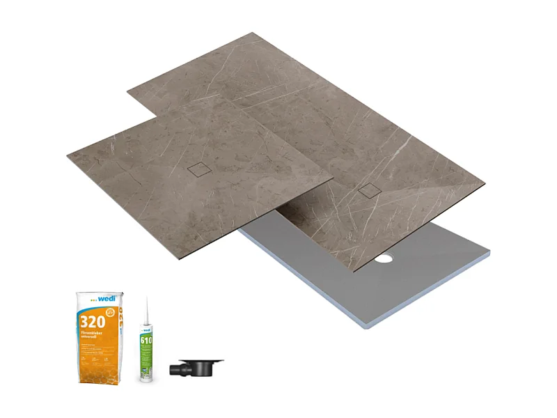 Receveur de douche à carreler 180 x 90 WEDI Fundo primo + revêtement Top marble grey brown + colle +bonde horizontale+kit étanche