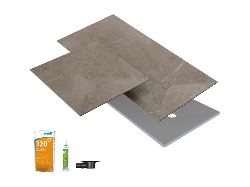 Receveur de douche à carreler 180 x 90 WEDI Fundo primo + revêtement Top marble grey brown + colle +bonde horizontale+kit étanche