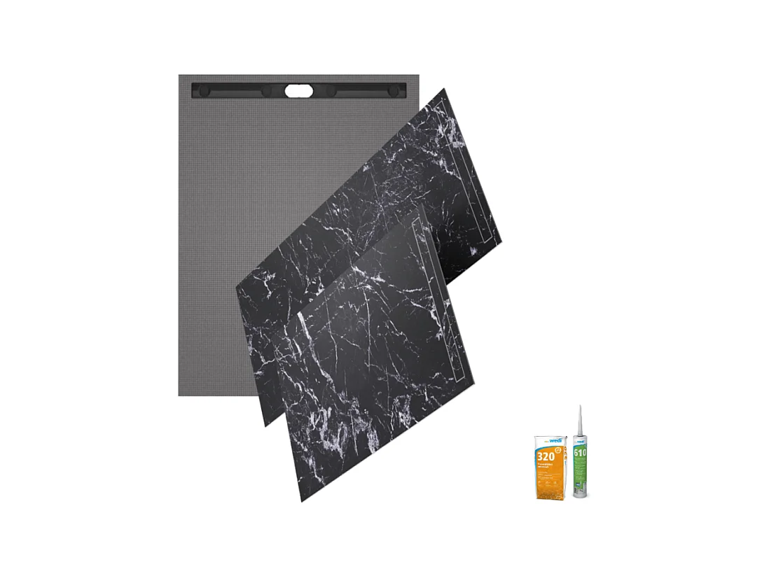 Receveur de douche à carreler 160 x 100 WEDI Fundo Riolito Neo + revêtement Top marble black + colle