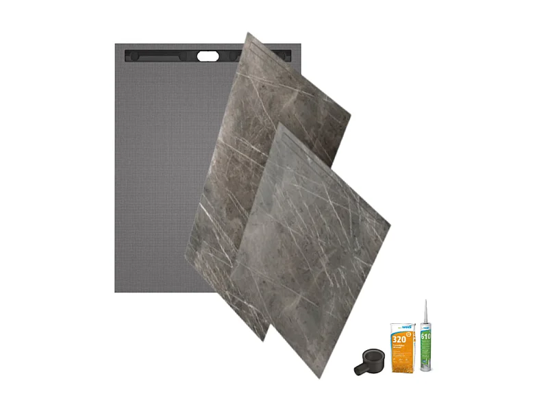Receveur à carreler 160 x 100 WEDI Fundo Riolito Neo + revêtement Top marble grey brown + colle +ecoulement vertical+kit étanche