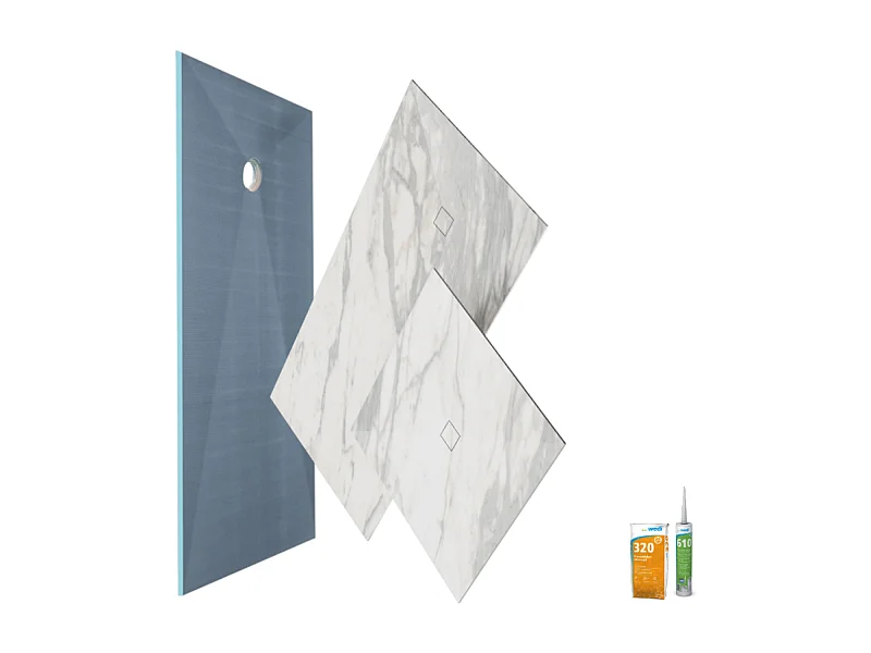 Receveur de douche à carreler 120 x 90 WEDI Fundo primo + revêtement Top marble white + colle