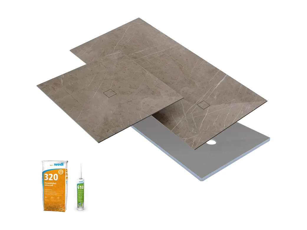 Receveur de douche à carreler 120 x 90 WEDI Fundo primo + revêtement Top marble white + colle