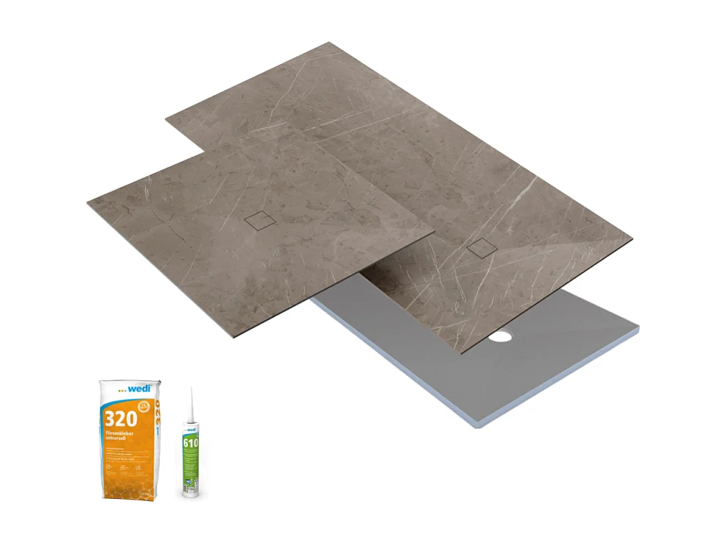 Receveur de douche à carreler 120 x 90 WEDI Fundo primo + revêtement Top marble white + colle