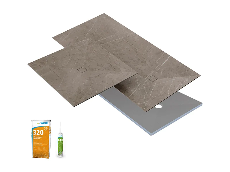 Receveur de douche à carreler 120 x 90 WEDI Fundo primo + revêtement Top marble white + colle