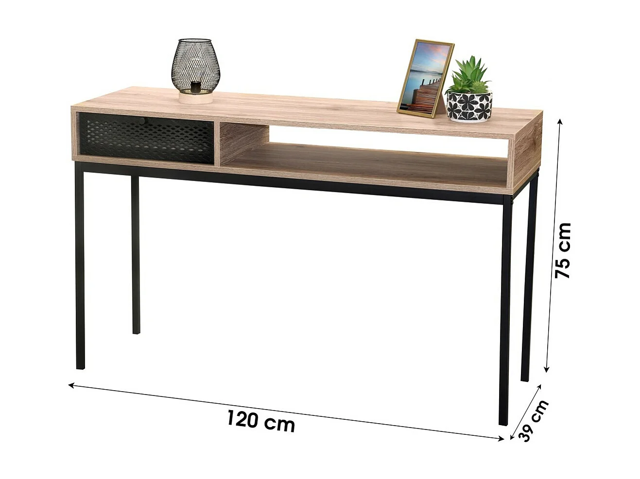 Klassischer Konsolentisch – Eine Schublade und ein Fach, Farbe alt Eichenholz, Maße 120x39x75 cm – Kollektion METALIX