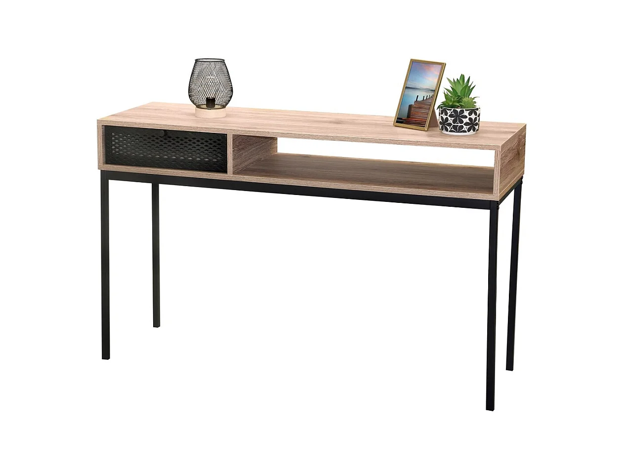 Console d'entrée style classique – Un tiroir et une niche, coloris chêne vieilli, dimensions 120x39x75 cm – Collection METALIX