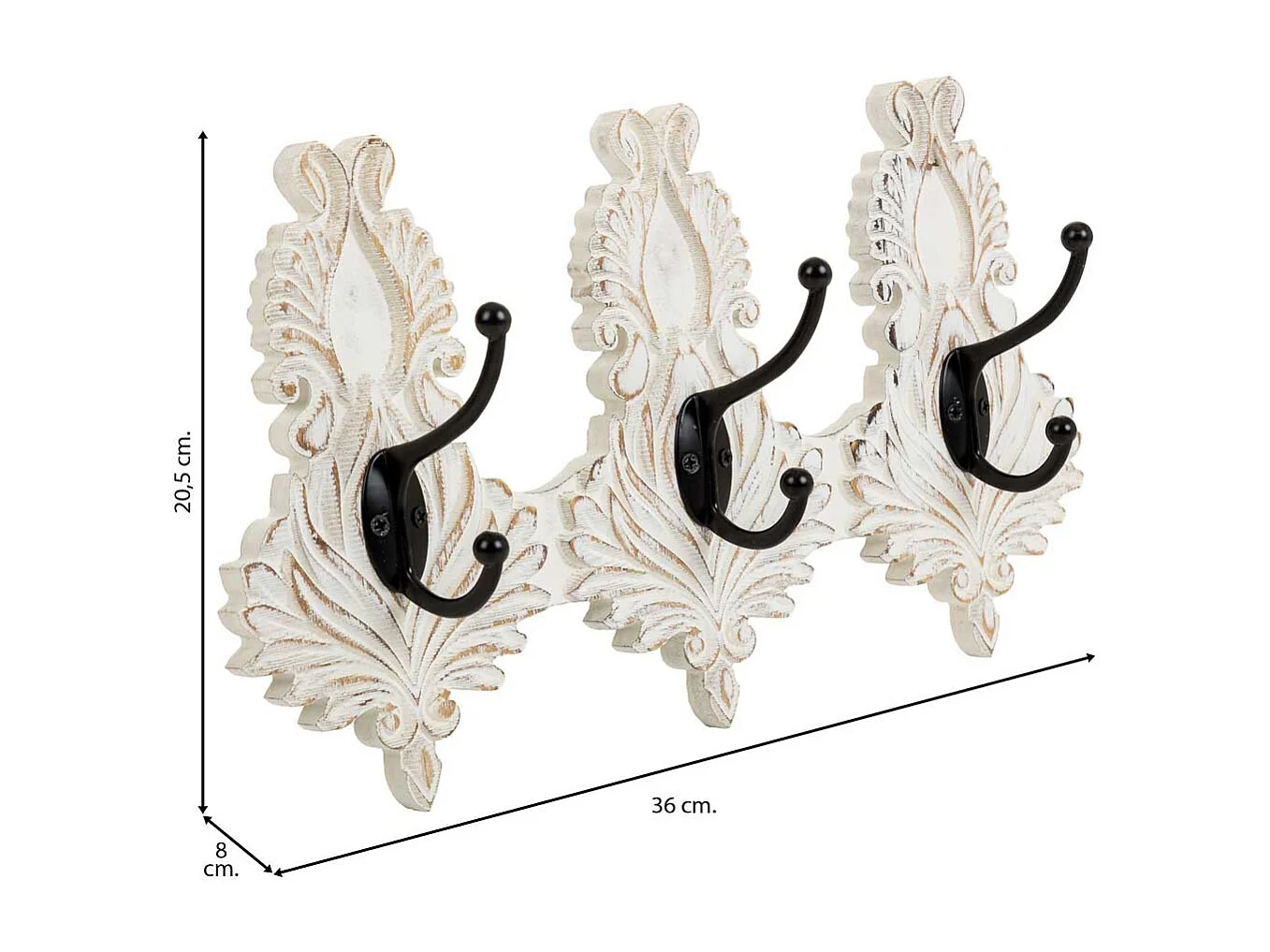 Percha de pared de madera tallada blanca 36x8x20.5