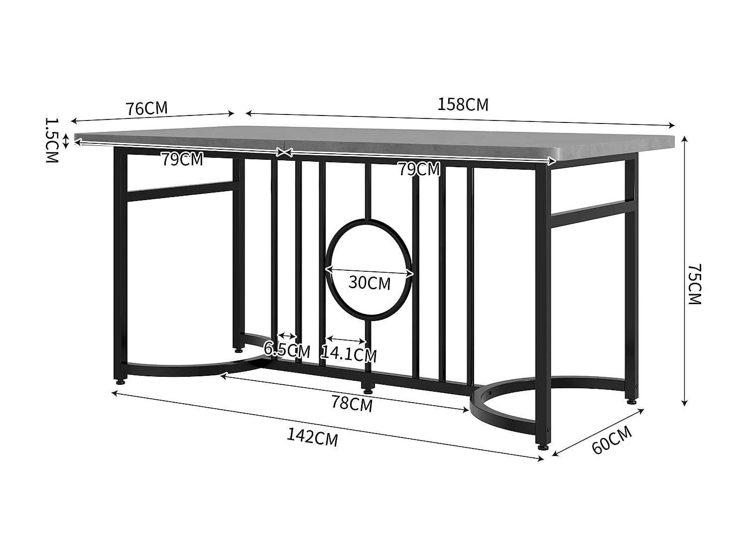 Table de salle à manger moderne et minimaliste, 158 x 76 x 75 cm, facile à installer, non pliable, pieds en métal noir (aspect béton)