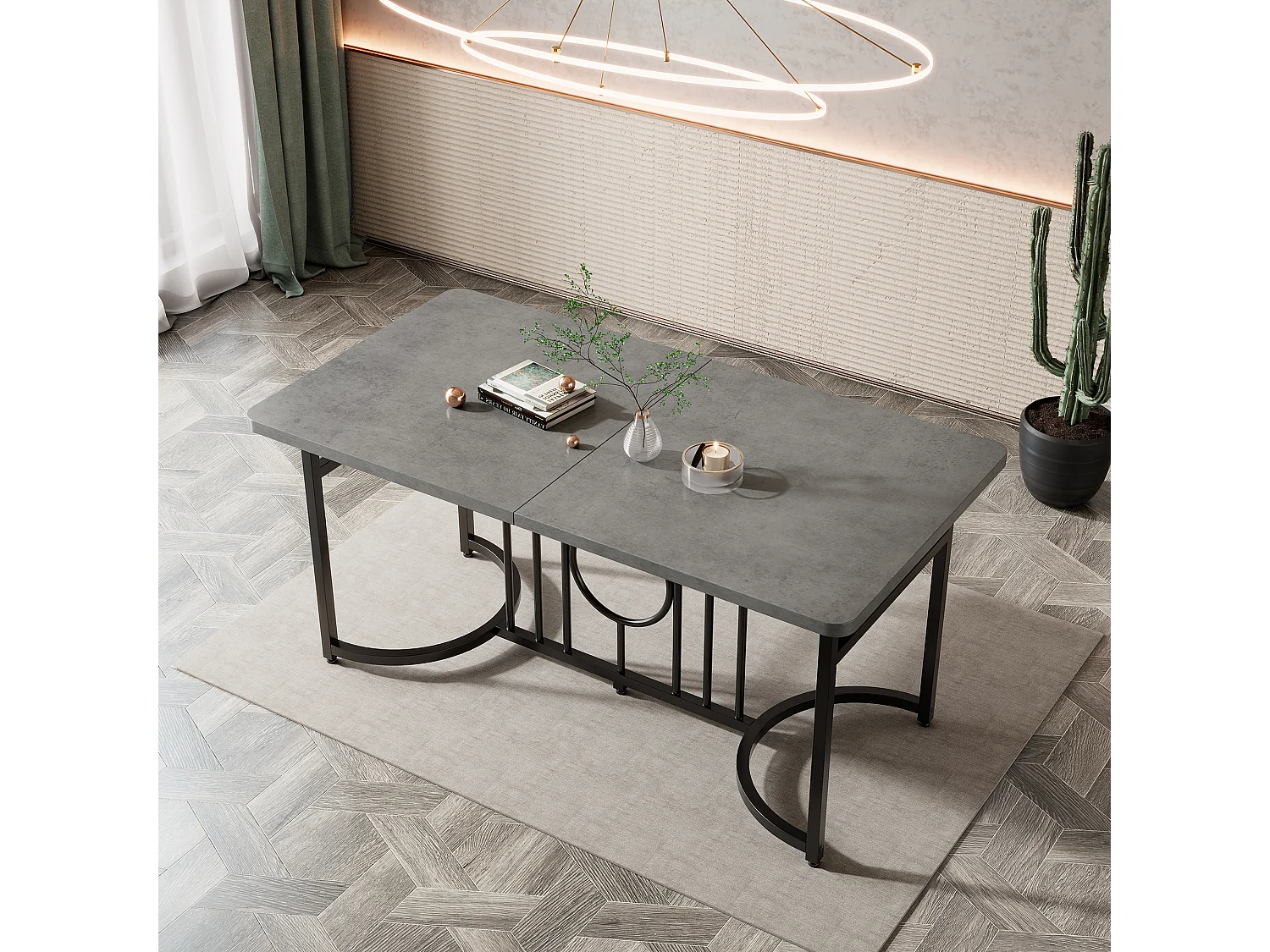 Table de salle à manger moderne et minimaliste, 158 x 76 x 75 cm, facile à installer, non pliable, pieds en métal noir (aspect béton)