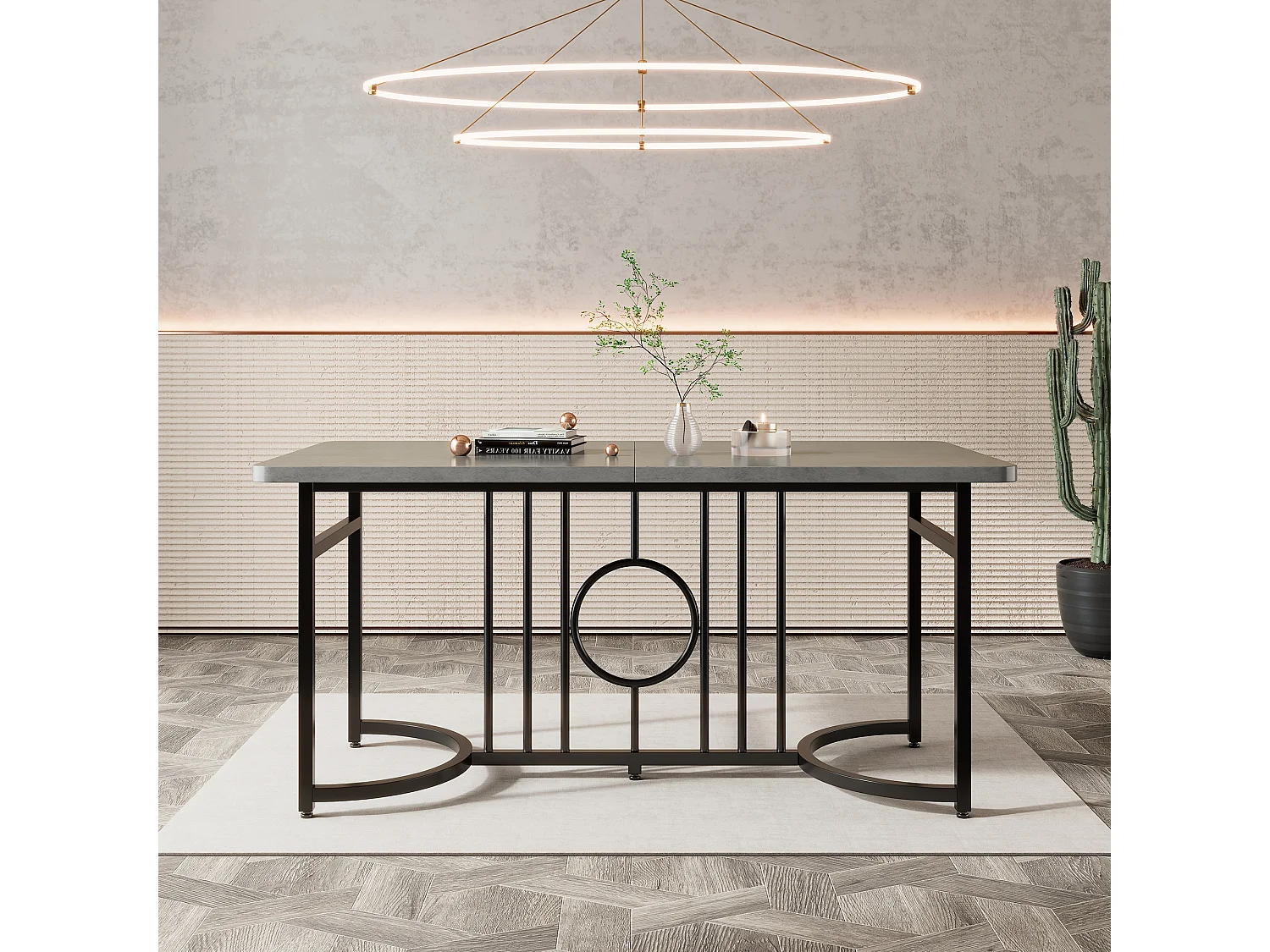 Table de salle à manger moderne et minimaliste, 158 x 76 x 75 cm, facile à installer, non pliable, pieds en métal noir (aspect béton)