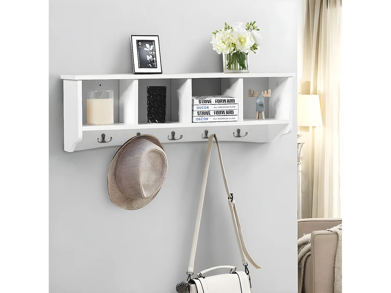 Porte-manteau mural avec 4 compartiments et 5 crochets doubles 72 x 15,5 x 23 cm