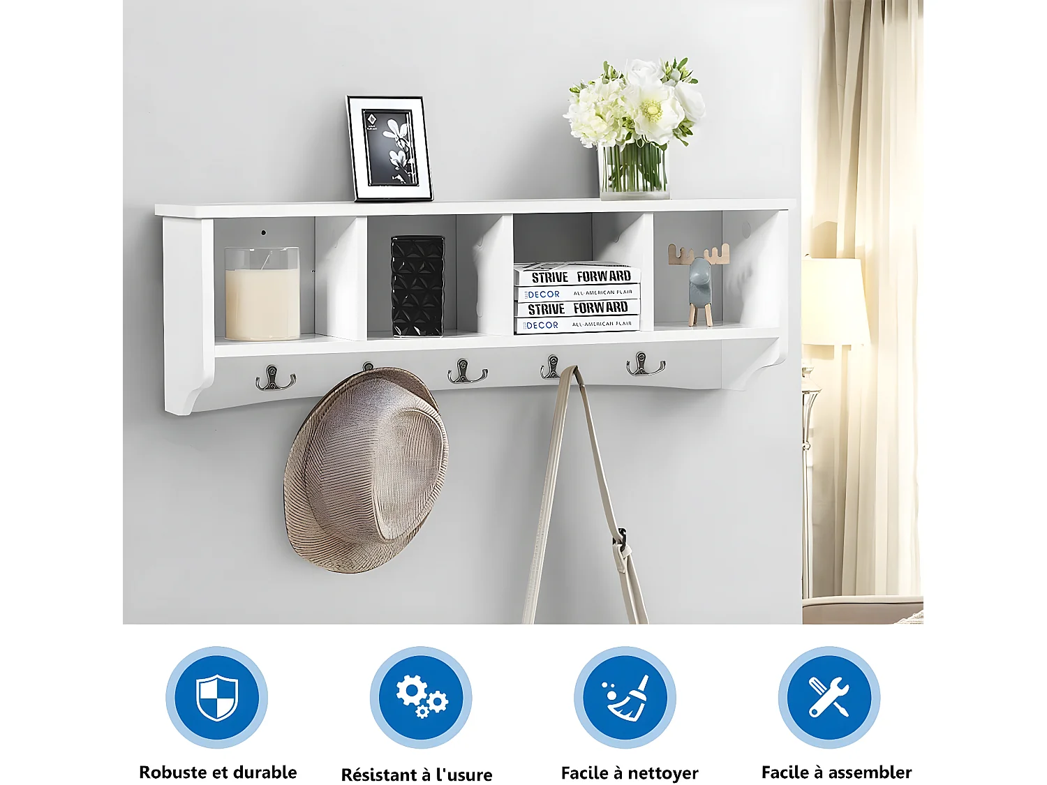 Porte-manteau mural avec 4 compartiments et 5 crochets doubles 72 x 15,5 x 23 cm