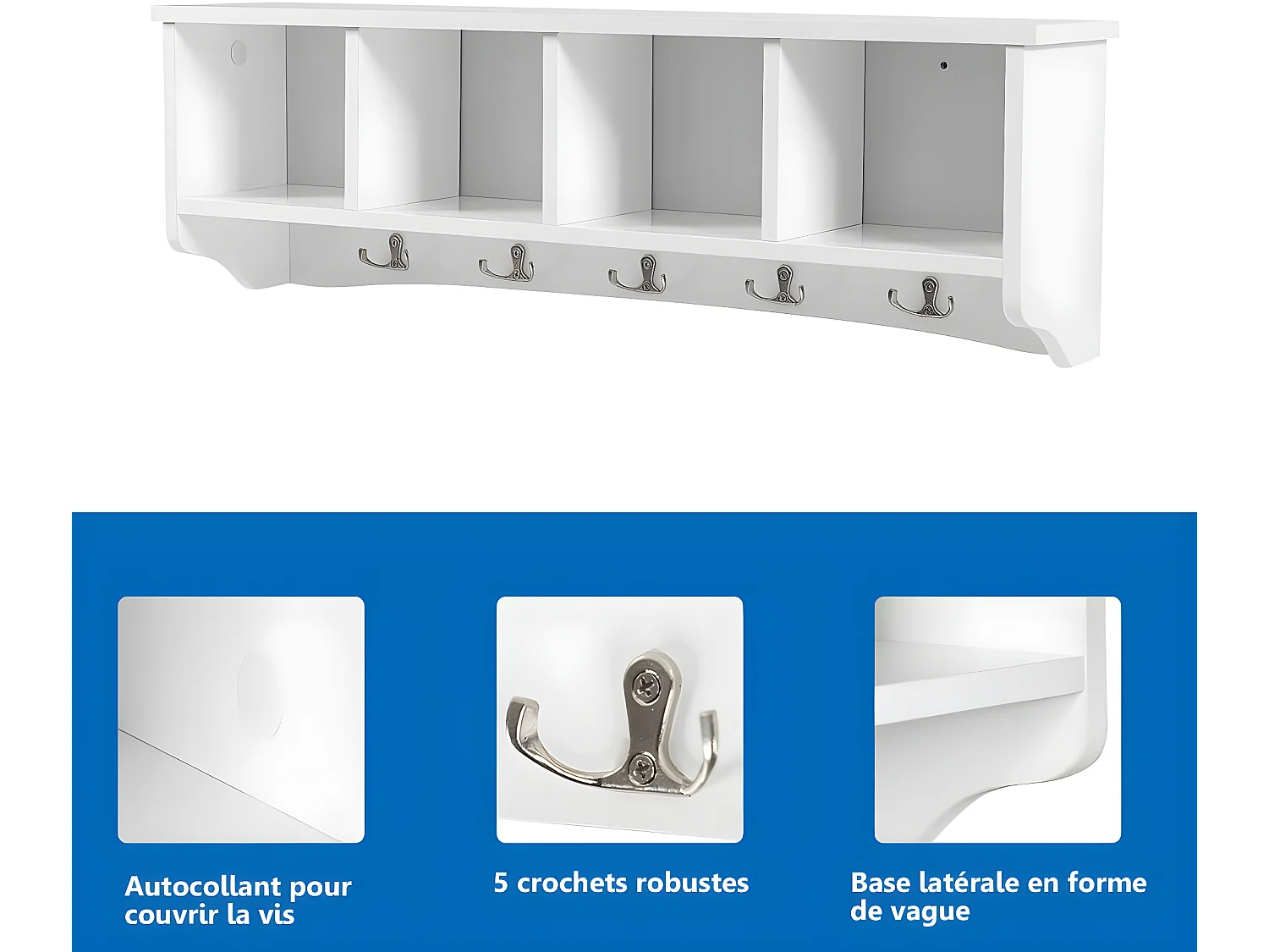 Porte-manteau mural avec 4 compartiments et 5 crochets doubles 72 x 15,5 x 23 cm